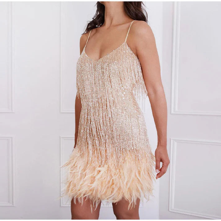 Women's Fringe and Feather Trim Mini Cocktail Dress