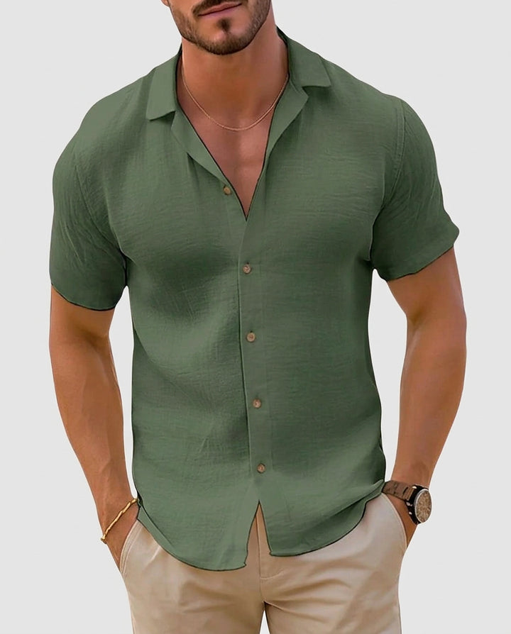 Men’s Short Sleeve Button-Down Shirt - Green Front [Lystr 6a97ec049d089b0402618c18:green:front]