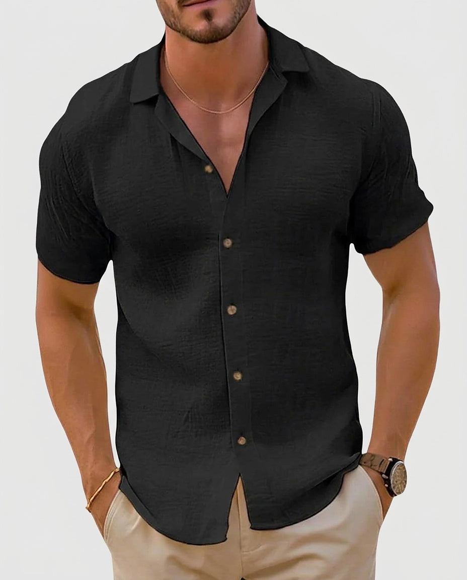 Men’s Short Sleeve Button-Down Shirt - Black Front [Lystr 6a97ec049d089b0402618c18:black:front]