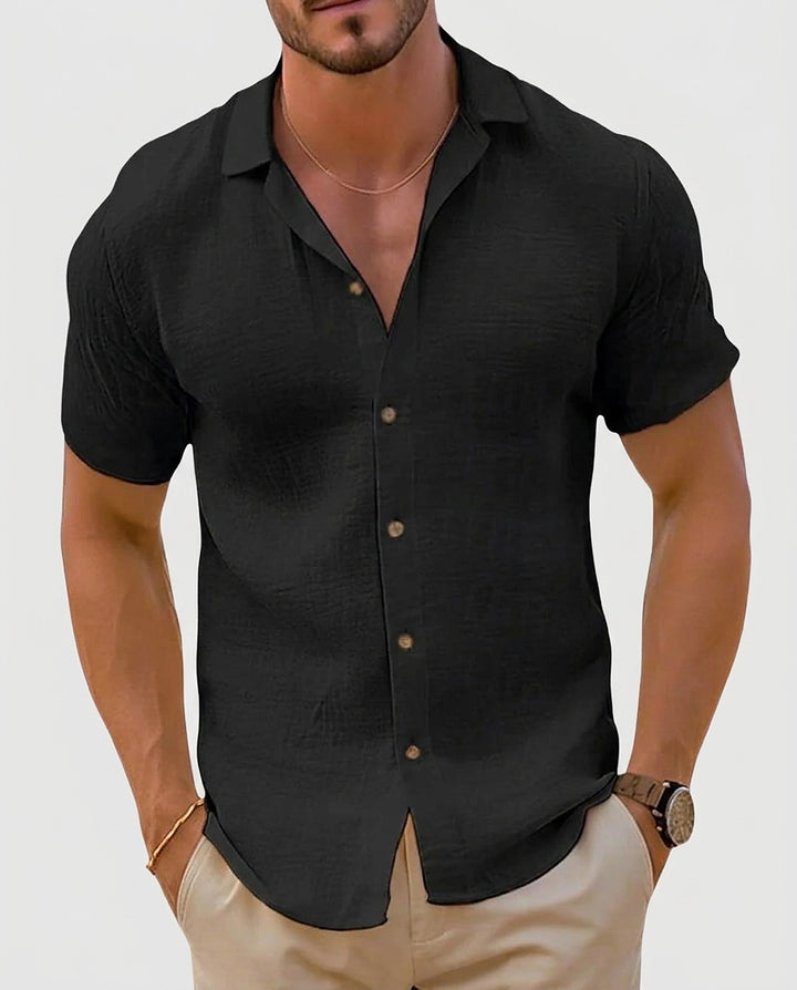 Men’s Short Sleeve Button-Down Shirt - Black Front [Lystr 6a97ec049d089b0402618c18:black:front]