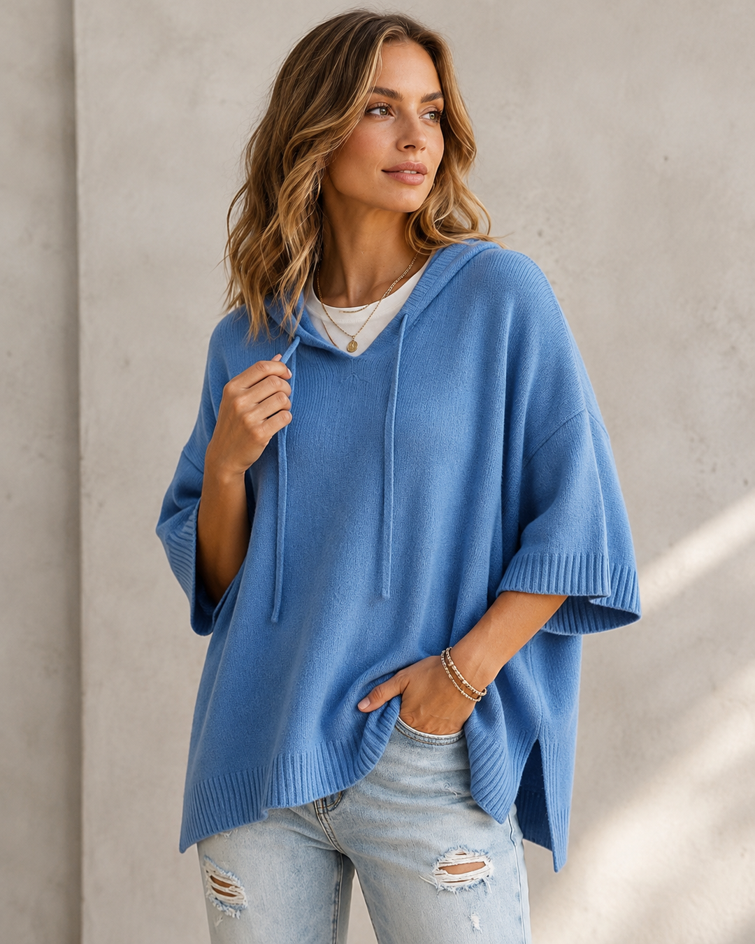 Comfortable Relaxed Women's Hooded Jumper with 3/4 Sleeves