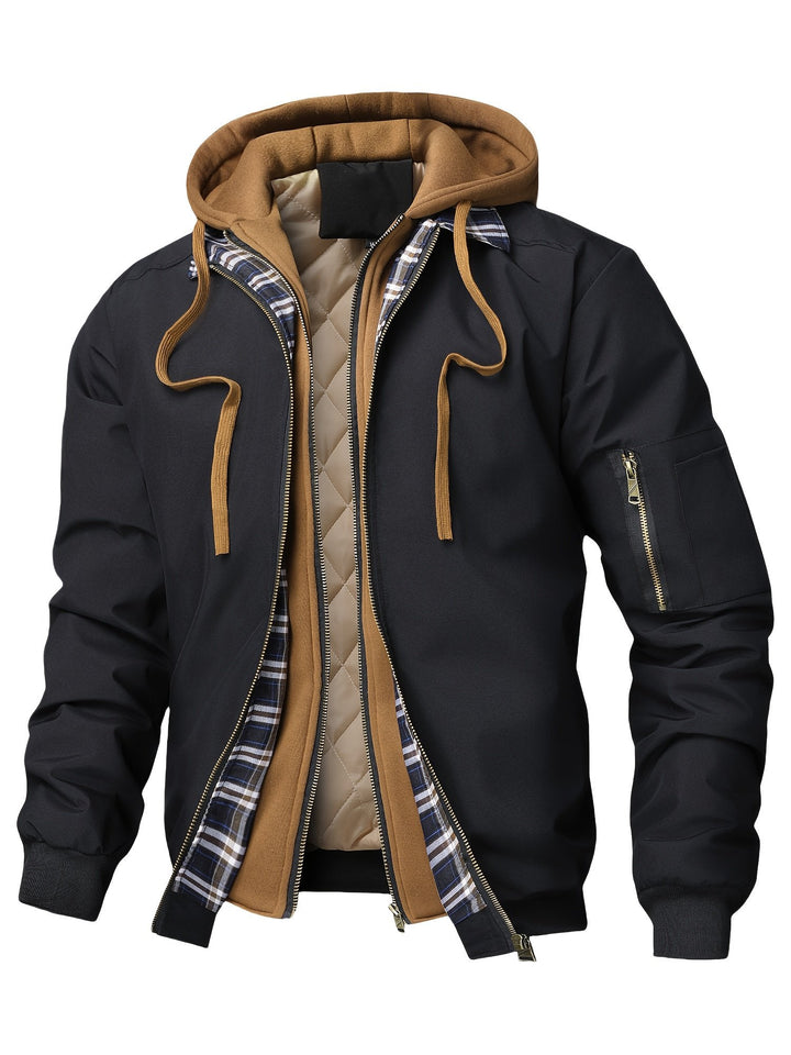 Brown and checkered plaid jacket for men with zip closure and lined design