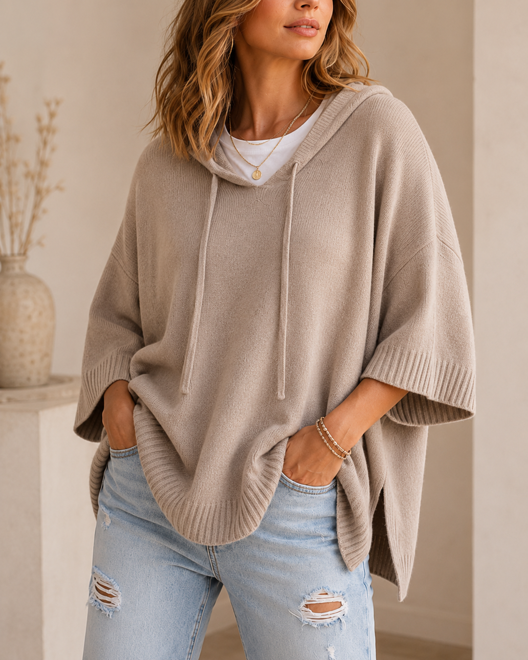Comfortable Relaxed Women's Hooded Jumper with 3/4 Sleeves