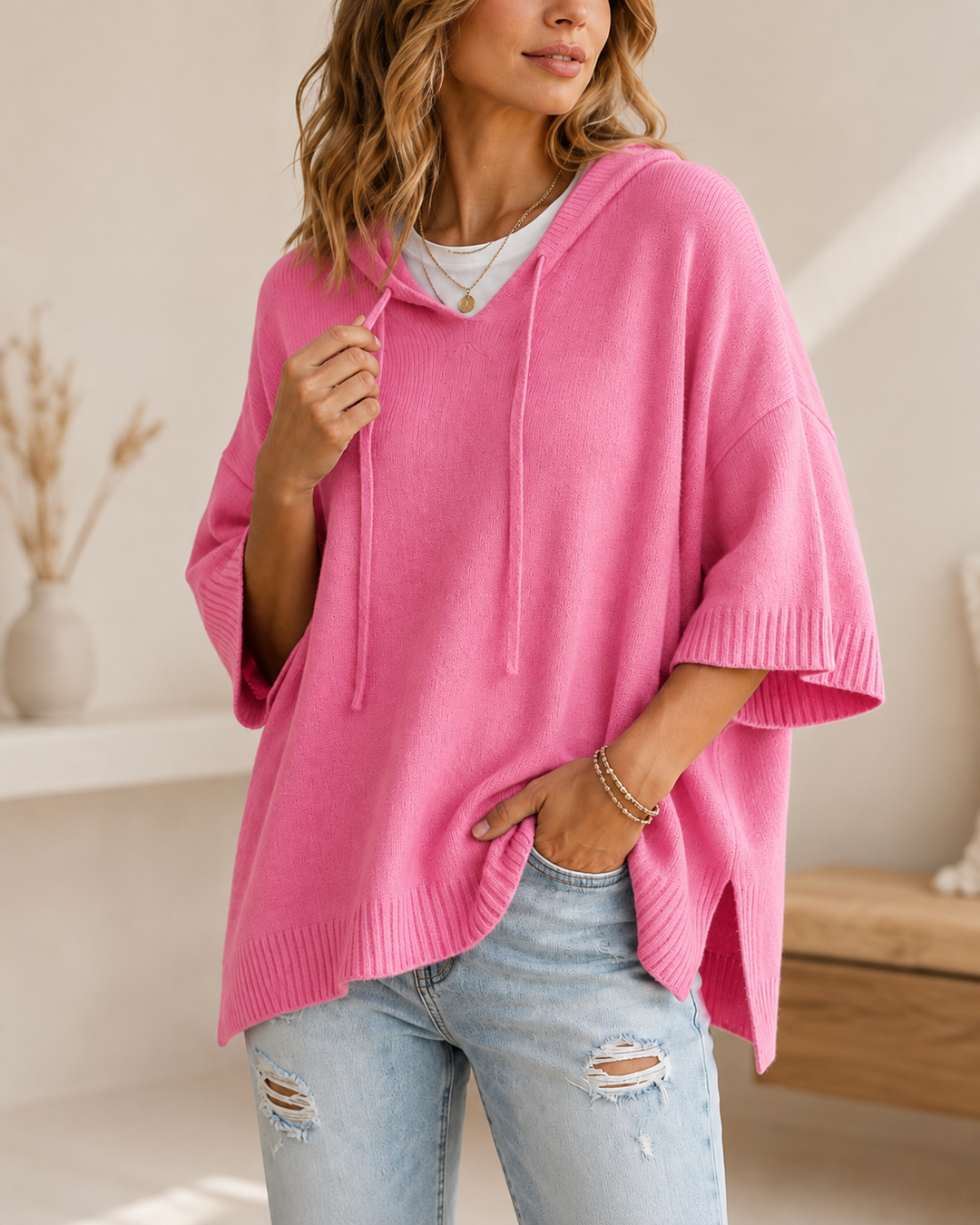 Comfortable Relaxed Women's Hooded Jumper with 3/4 Sleeves