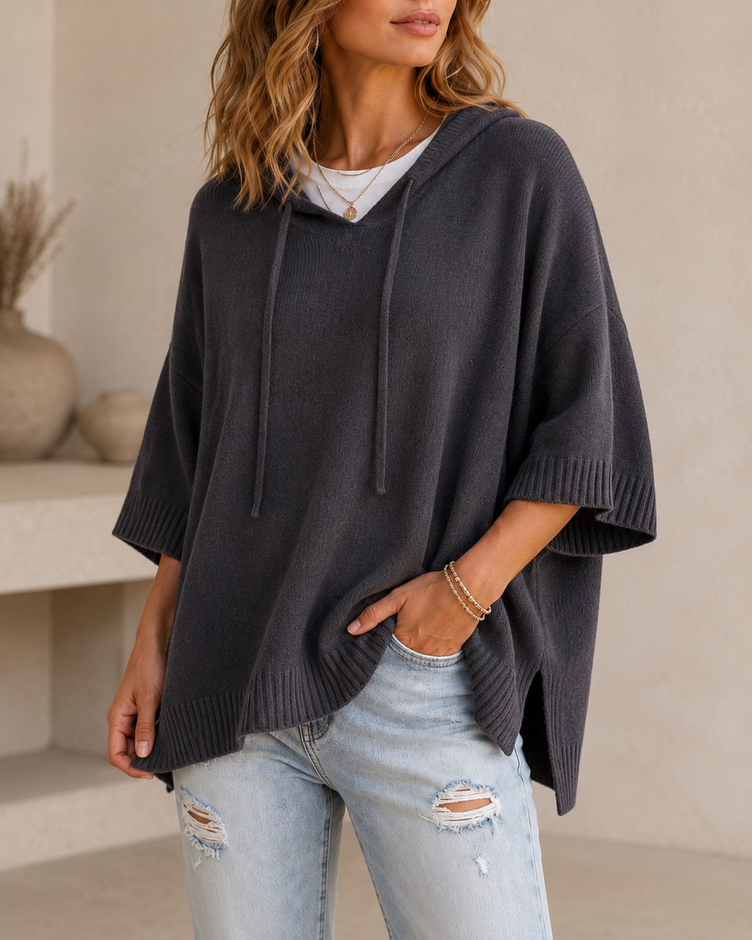 Comfortable Relaxed Women's Hooded Jumper with 3/4 Sleeves