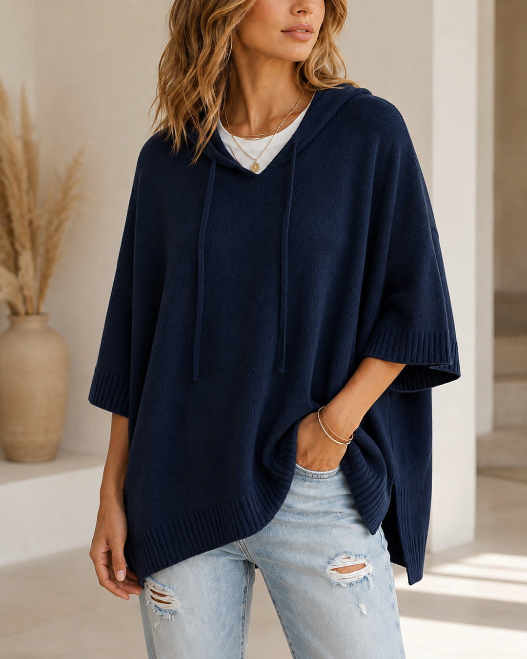 Comfortable Relaxed Women's Hooded Jumper with 3/4 Sleeves