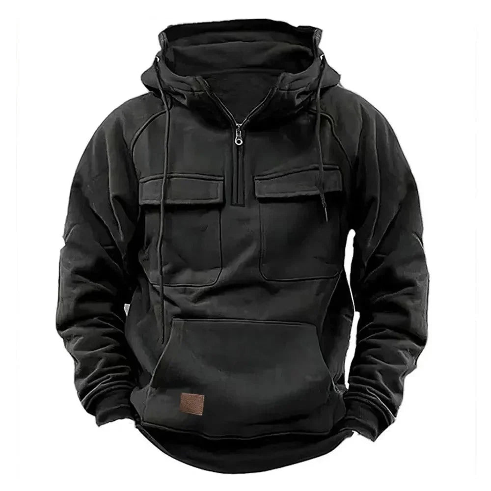 Men's Hooded Sweater with Quarter Zip and Pockets
