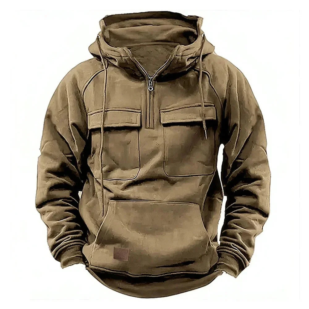 Men's Hooded Sweater with Quarter Zip and Pockets