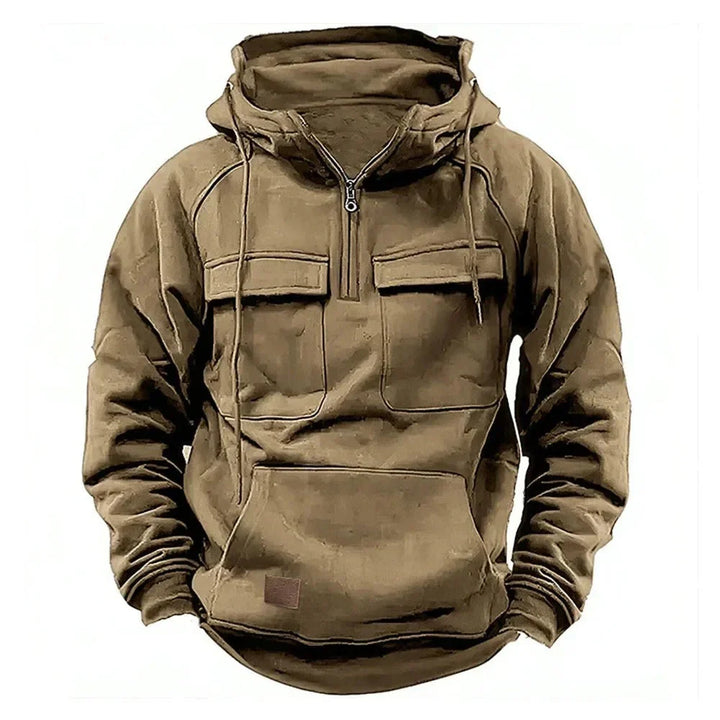 Men's Hooded Sweater with Quarter Zip and Pockets