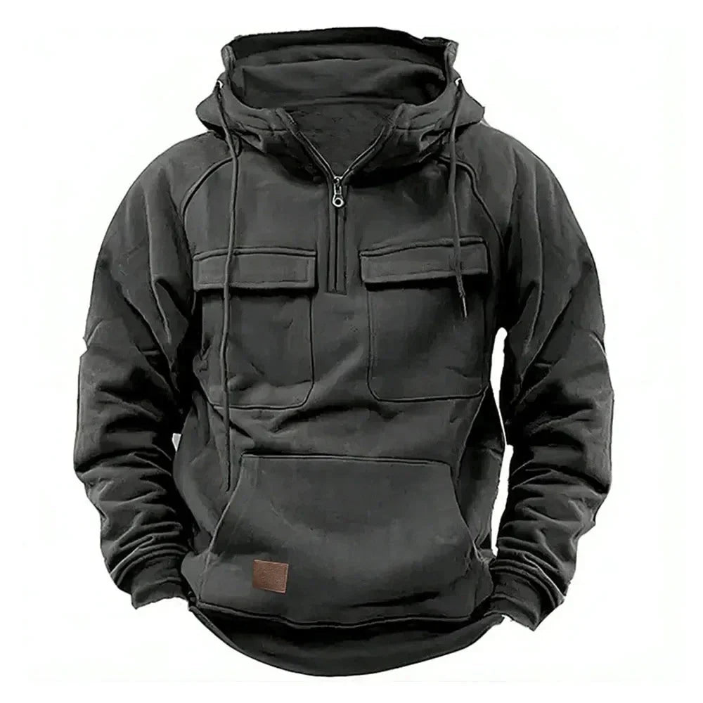 Men's Hooded Sweater with Quarter Zip and Pockets