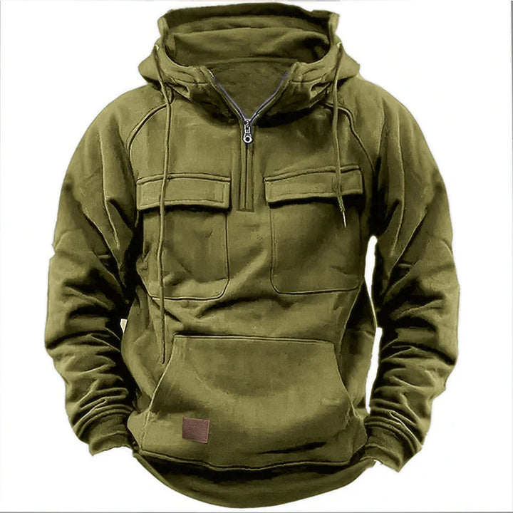 Men's Hooded Sweater with Quarter Zip and Pockets