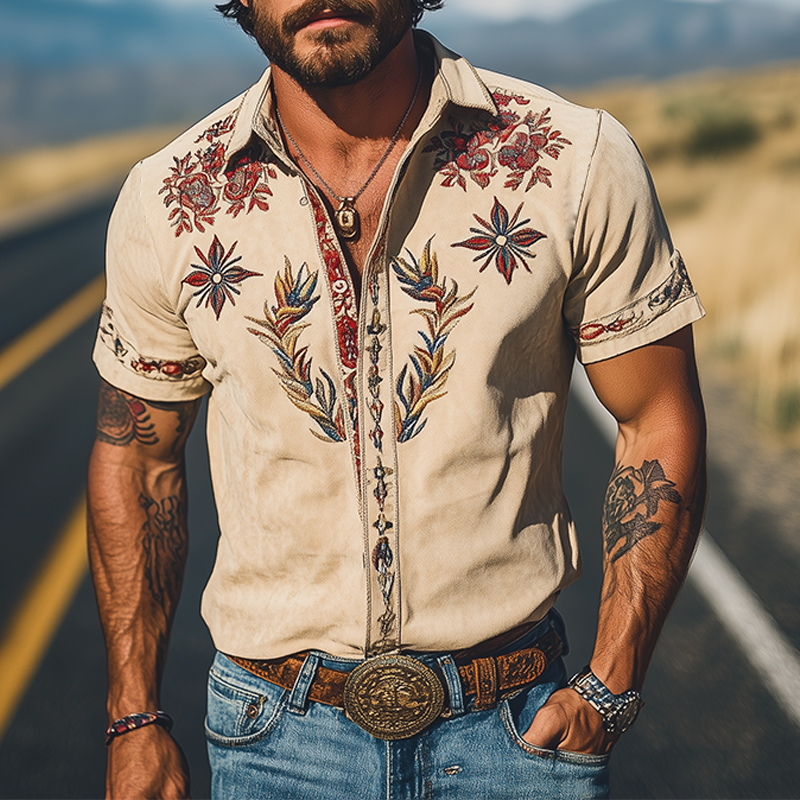 Men's Western Embroidered Short-Sleeve Button-Down Shirt 2