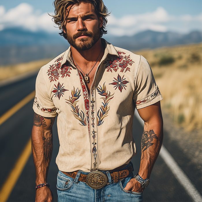 Men's Western Embroidered Short-Sleeve Button-Down Shirt 3