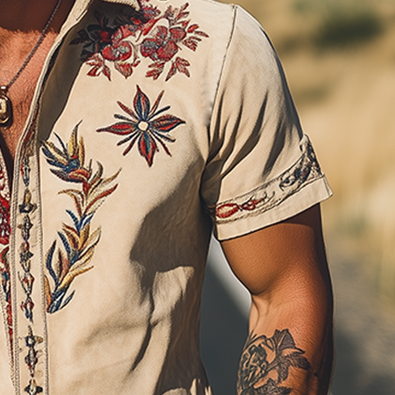 Men's Western Embroidered Short-Sleeve Button-Down Shirt 7