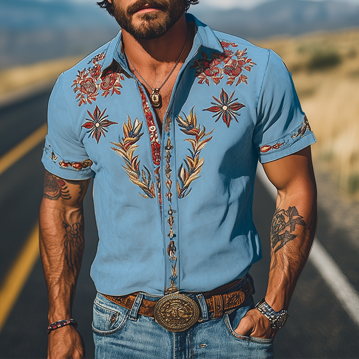 Men's Western Embroidered Short-Sleeve Button-Down Shirt Blue