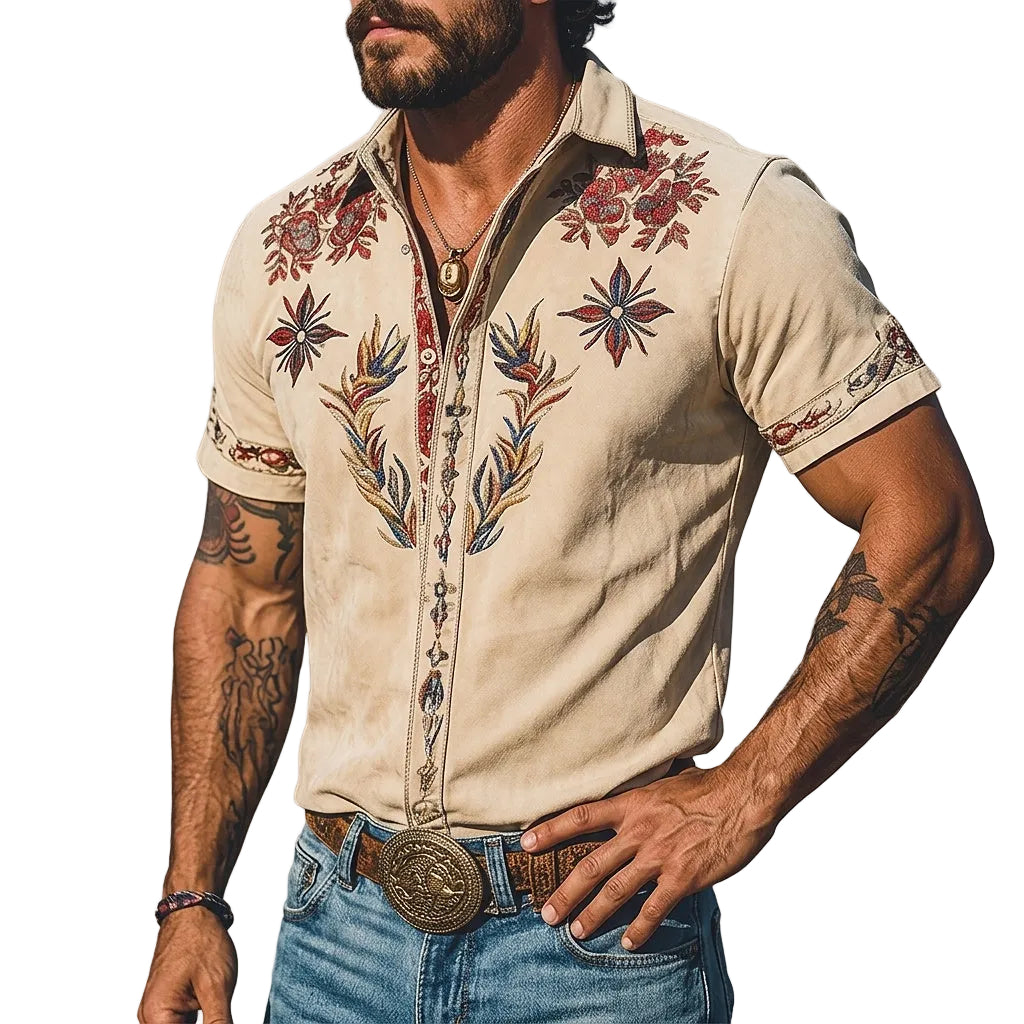 Men's Western Embroidered Short-Sleeve Button-Down Shirt Light Khaki