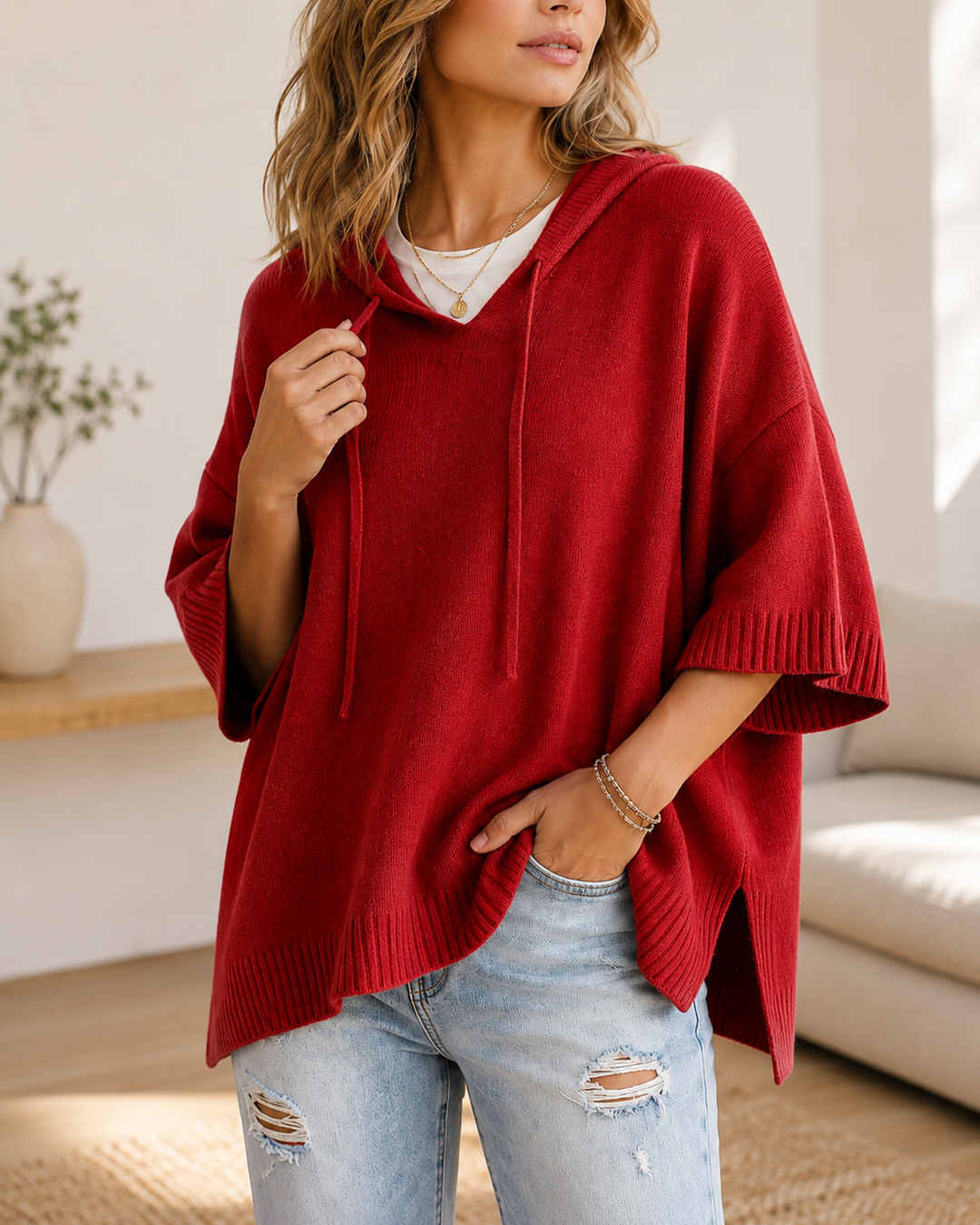 Comfortable Relaxed Women's Hooded Jumper with 3/4 Sleeves