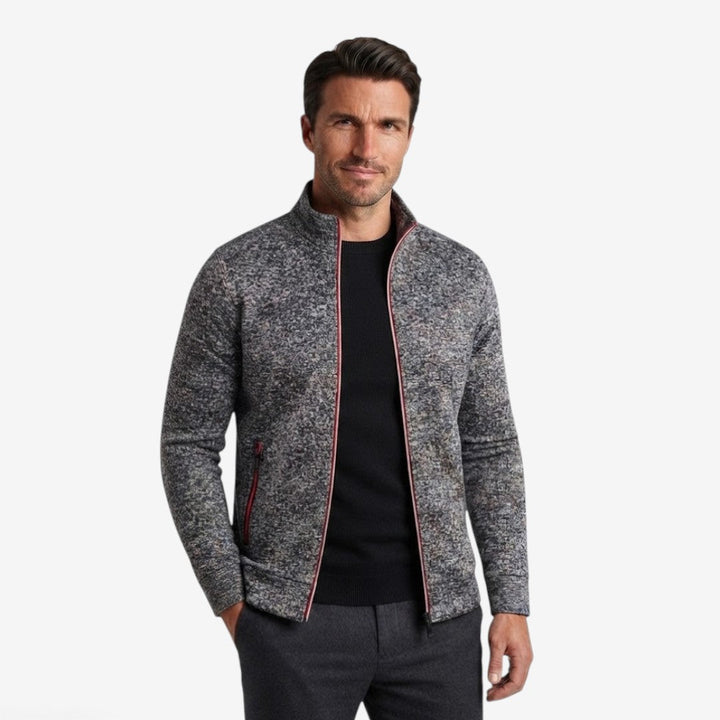 Elegant Slim-Fit Men's Knit Zip Jacket with High Neck & Zip Pockets