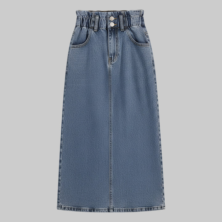 Women | High-waisted denim midi skirt with front seam and belt loop