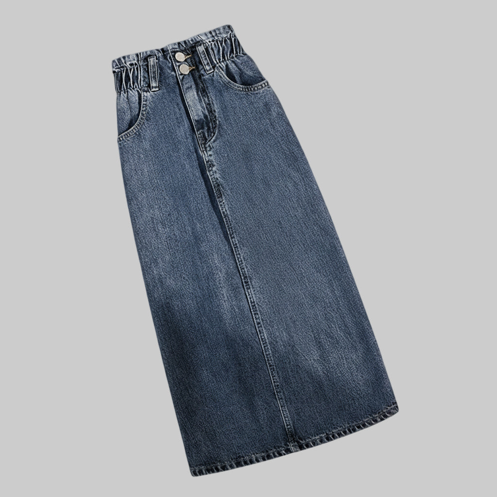 Women | High-waisted denim midi skirt with front seam and belt loop