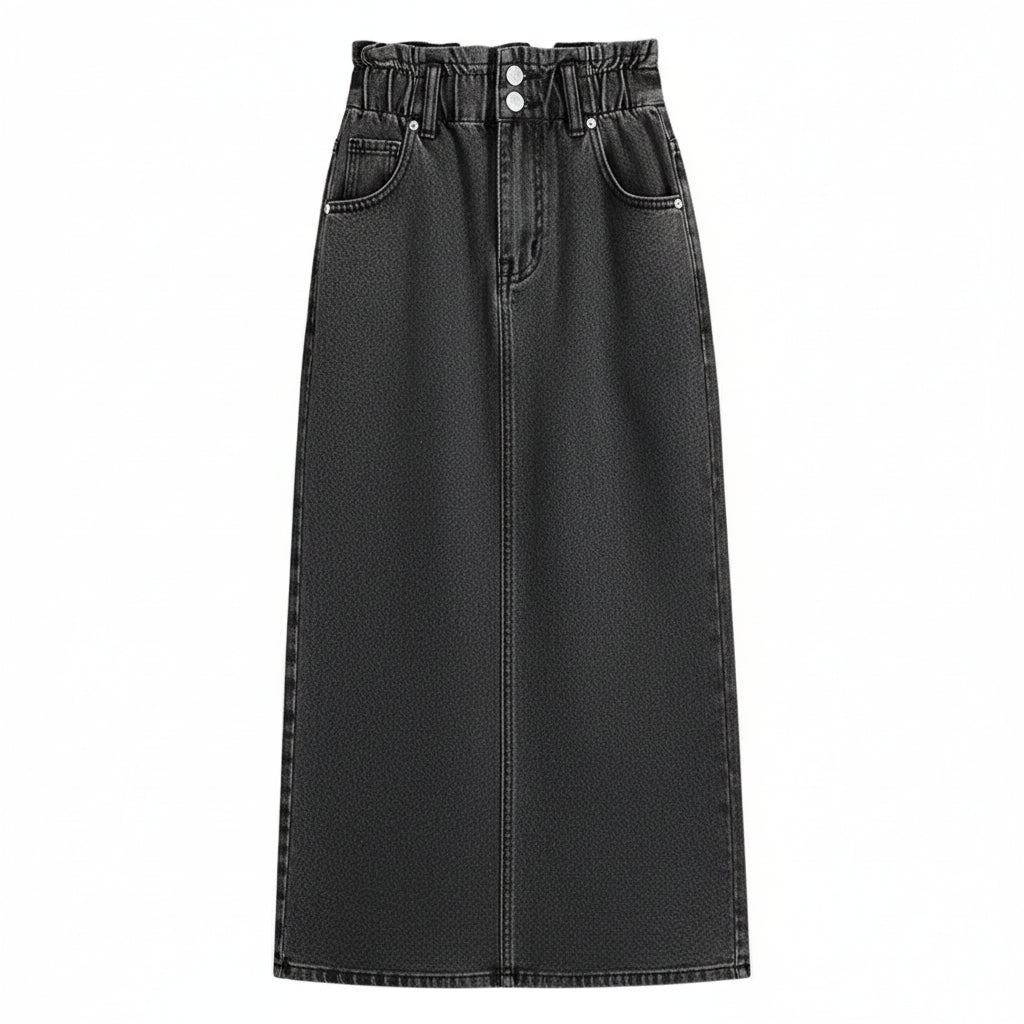 Women | High-waisted denim midi skirt with front seam and belt loop