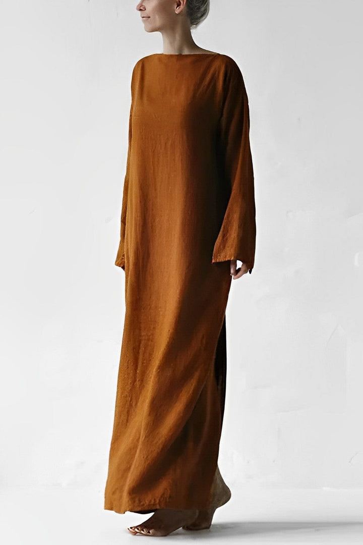 Women | Long-sleeved maxi dress with boat neck and tie wais