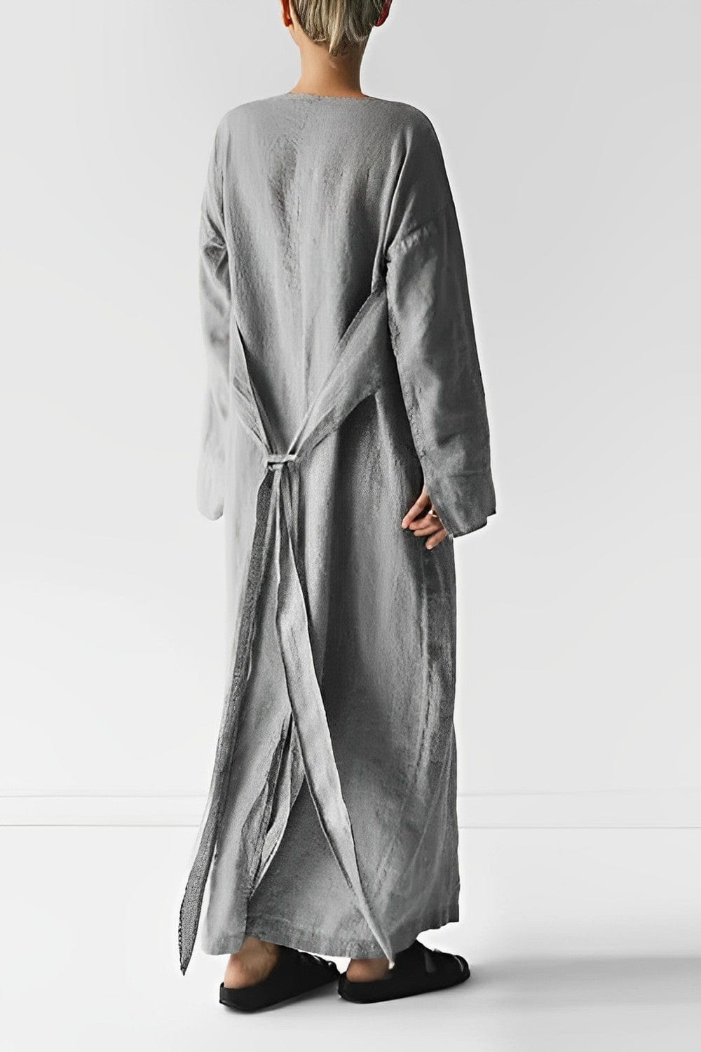 Women | Long-sleeved maxi dress with boat neck and tie wais