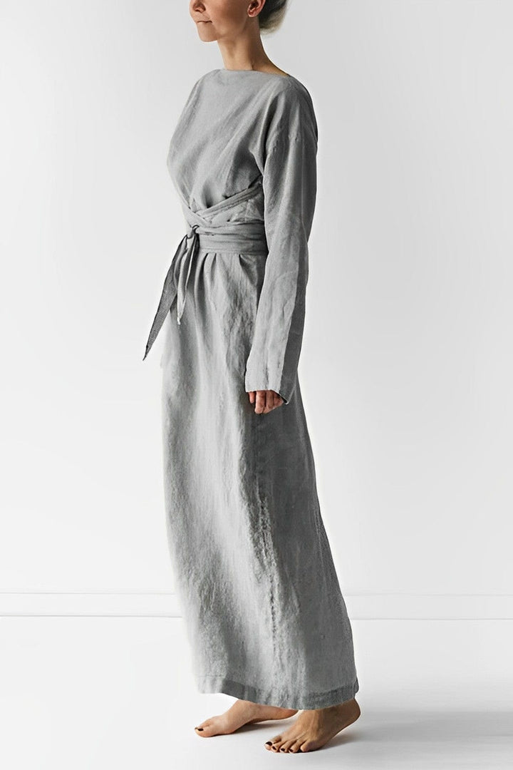 Women | Long-sleeved maxi dress with boat neck and tie wais