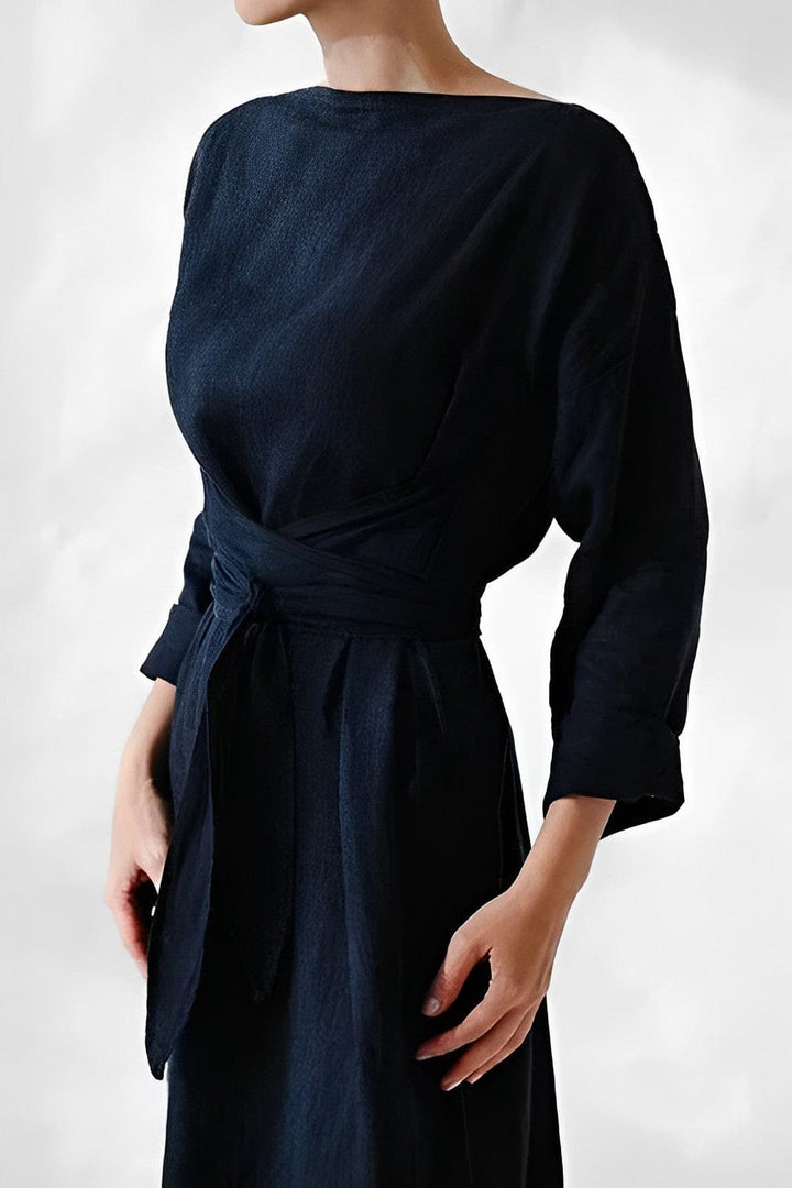 Women | Long-sleeved maxi dress with boat neck and tie wais