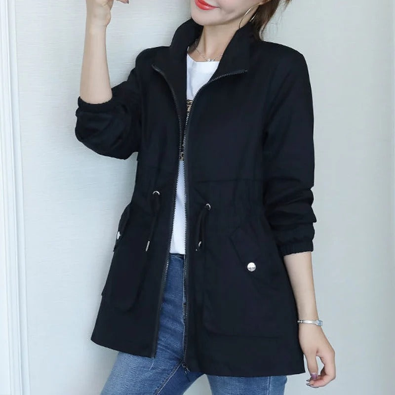 Women's Jacket with Zipper and Drawstring Waist