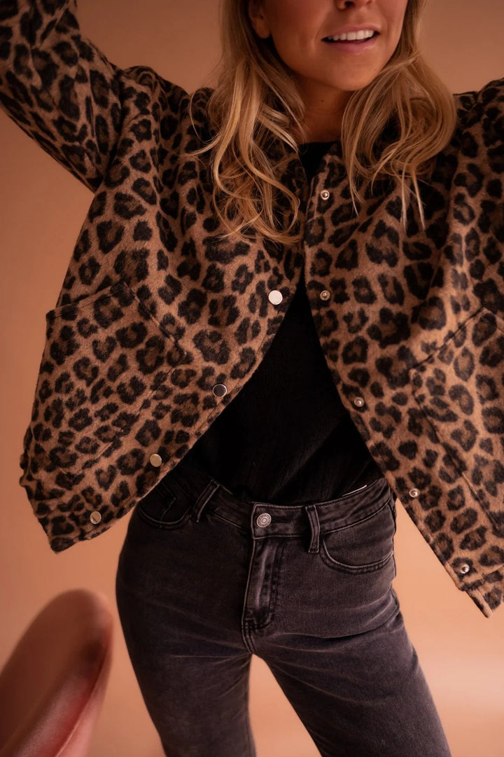 Women's Coat with Leopard Print and Snap Closure