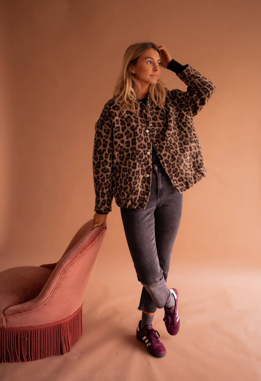 Women's Coat with Leopard Print and Snap Closure