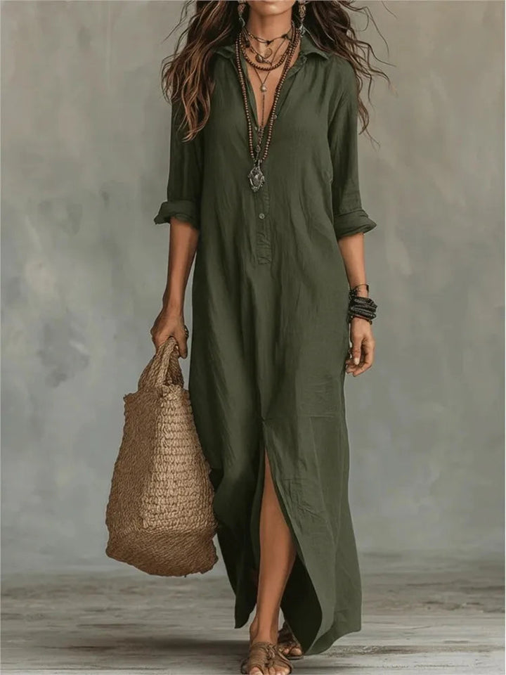Women’s Button-Front Maxi Shirt Dress Army Green