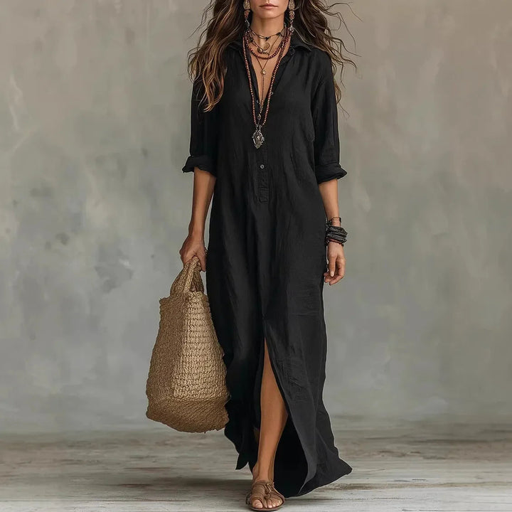 Women’s Button-Front Maxi Shirt Dress Black