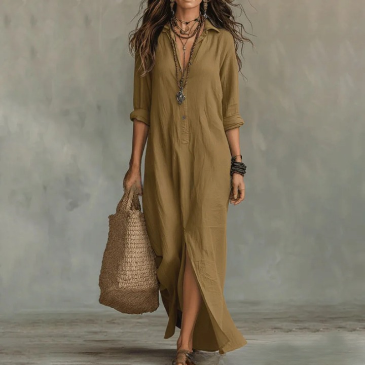 Women’s Button-Front Maxi Shirt Dress Khaki
