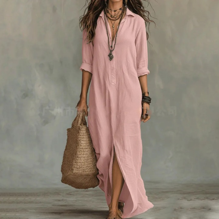 Women’s Button-Front Maxi Shirt Dress Pink