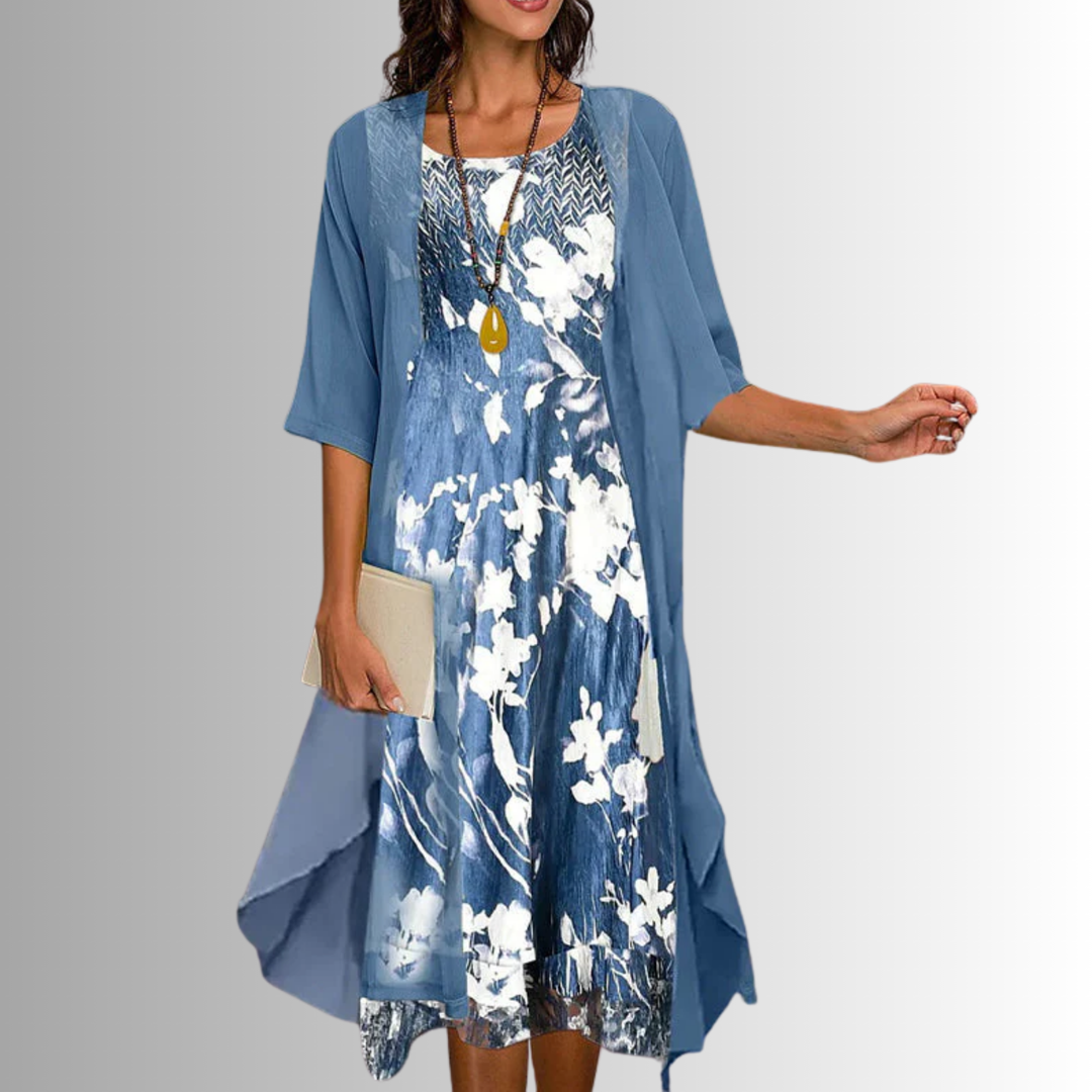 Women’s Floral Midi Dress and Overlay Set Blue With Floral