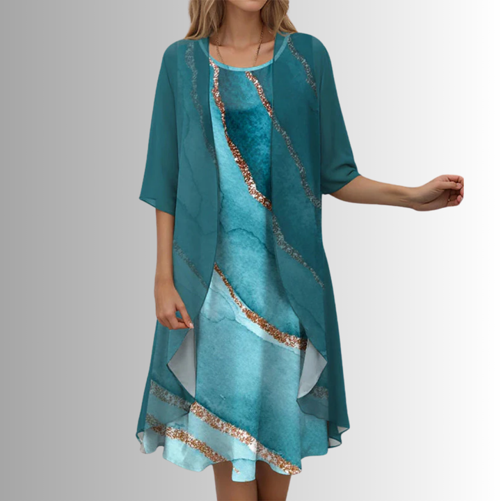 Women’s Floral Midi Dress and Overlay Set Blue With Pattern