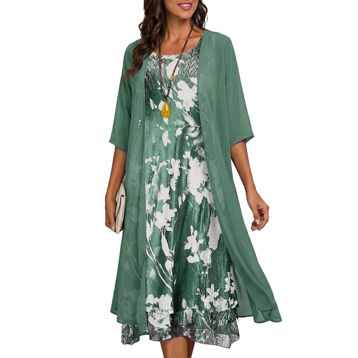 Women’s Floral Midi Dress and Overlay Set Green With Floral