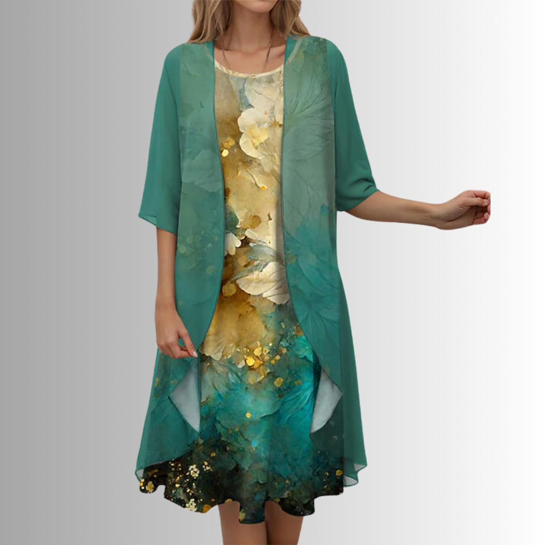 Women’s Floral Midi Dress and Overlay Set Green With Pattern