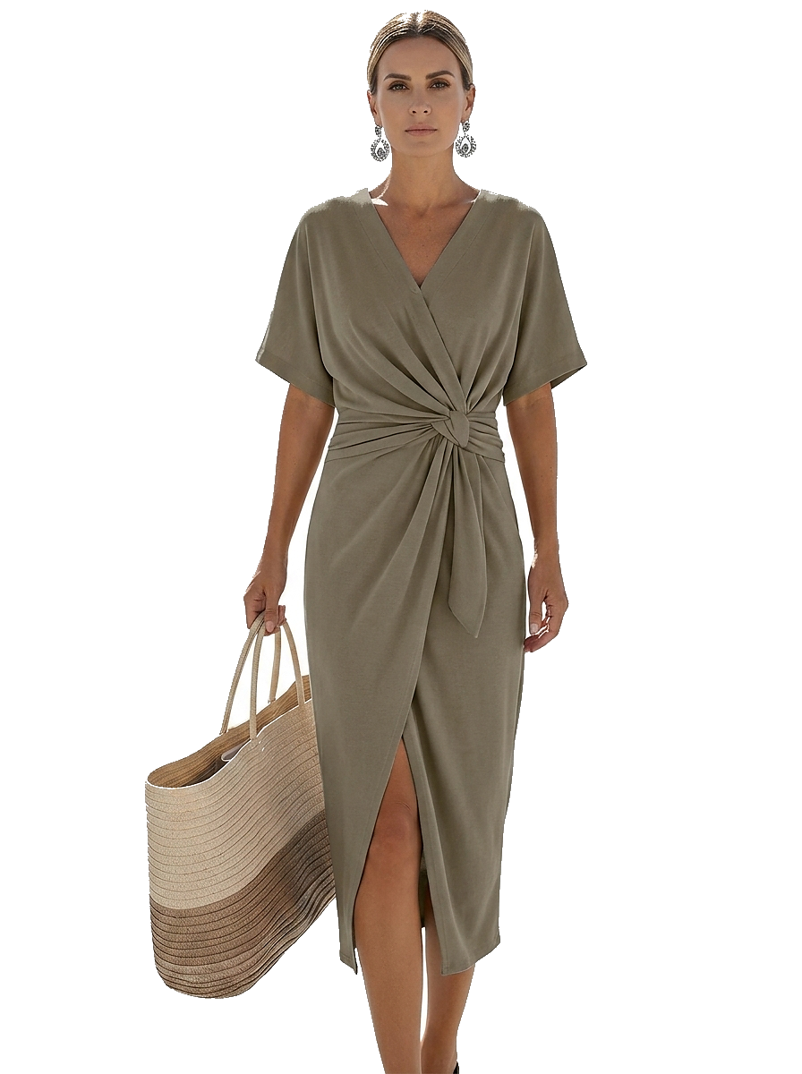Women’s V-Neck Midi Dress with Twist Detail Khaki