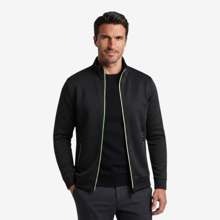 Elegant Slim-Fit Men's Knit Zip Jacket with High Neck & Zip Pockets