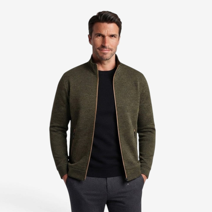 Elegant Slim-Fit Men's Knit Zip Jacket with High Neck & Zip Pockets