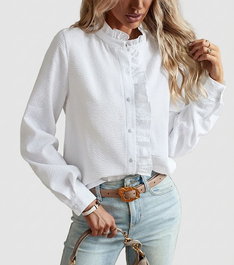 Women’s Blouse with Ruffled Stand Collar - Front [Lystr 6a9804de3ac28cbfe0df024f:front]