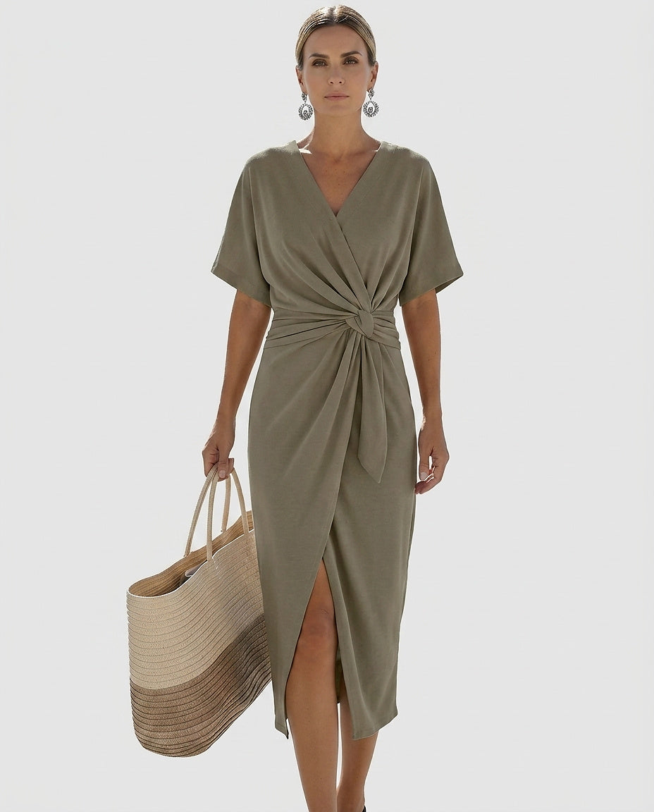Women’s V-Neck Midi Dress with Twist Detail - Front [Lystr 6a97f0139d089b0402618c1c:front]