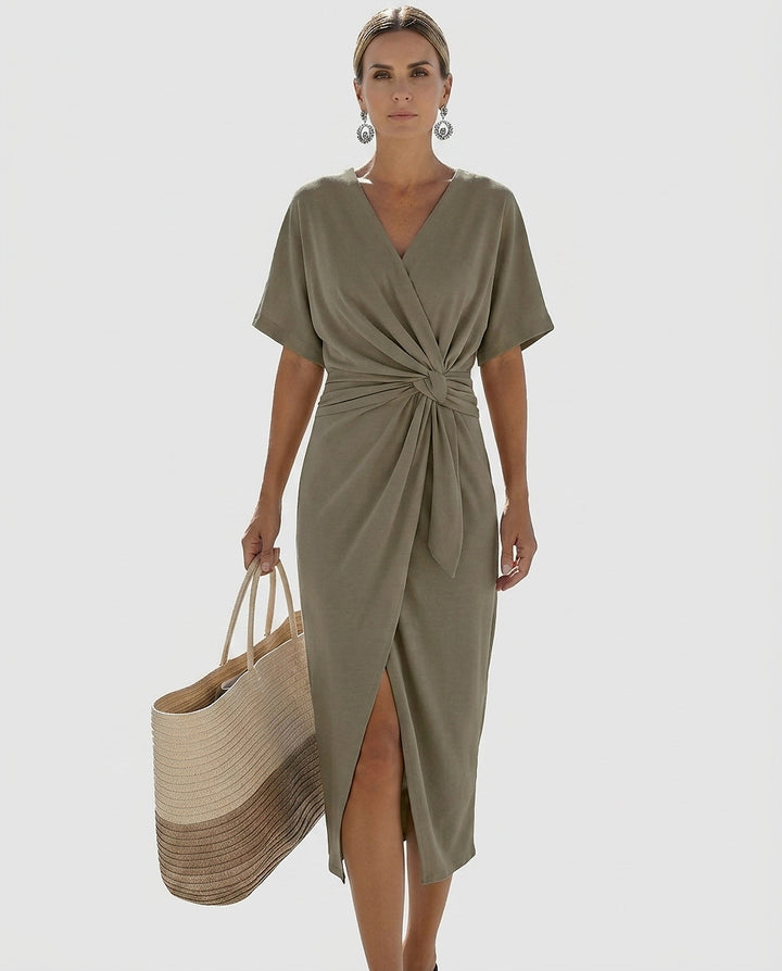Women’s V-Neck Midi Dress with Twist Detail - Front [Lystr 6a97f0139d089b0402618c1c:front]