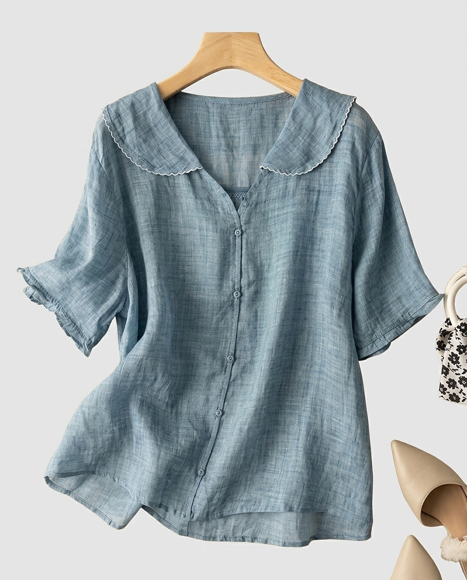 Women’s Short-Sleeved Blouse with Peter Pan Collar - Front [Lystr 6a97f0149d089b0402618c1f:front]