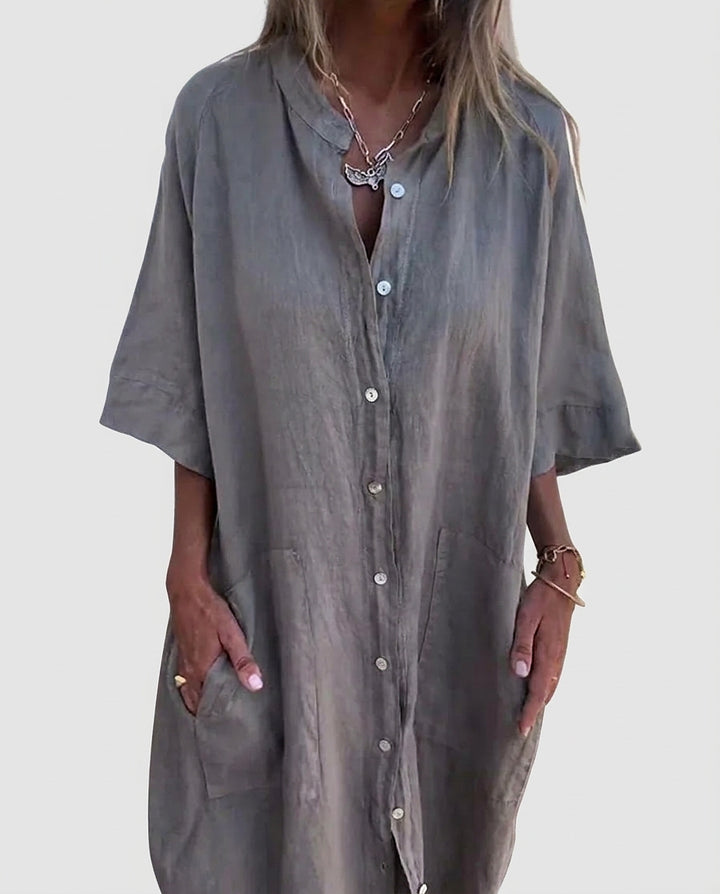 Women's Midi Shirt Dress with Patch Pockets - Front [Lystr 6a97f0249d089b0402618c21:front]