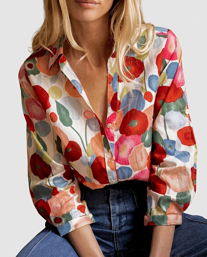 Women's Floral Print Blouse with Roll-Up Sleeves - Front [Lystr 6a97f04c9d089b0402618c31:front]