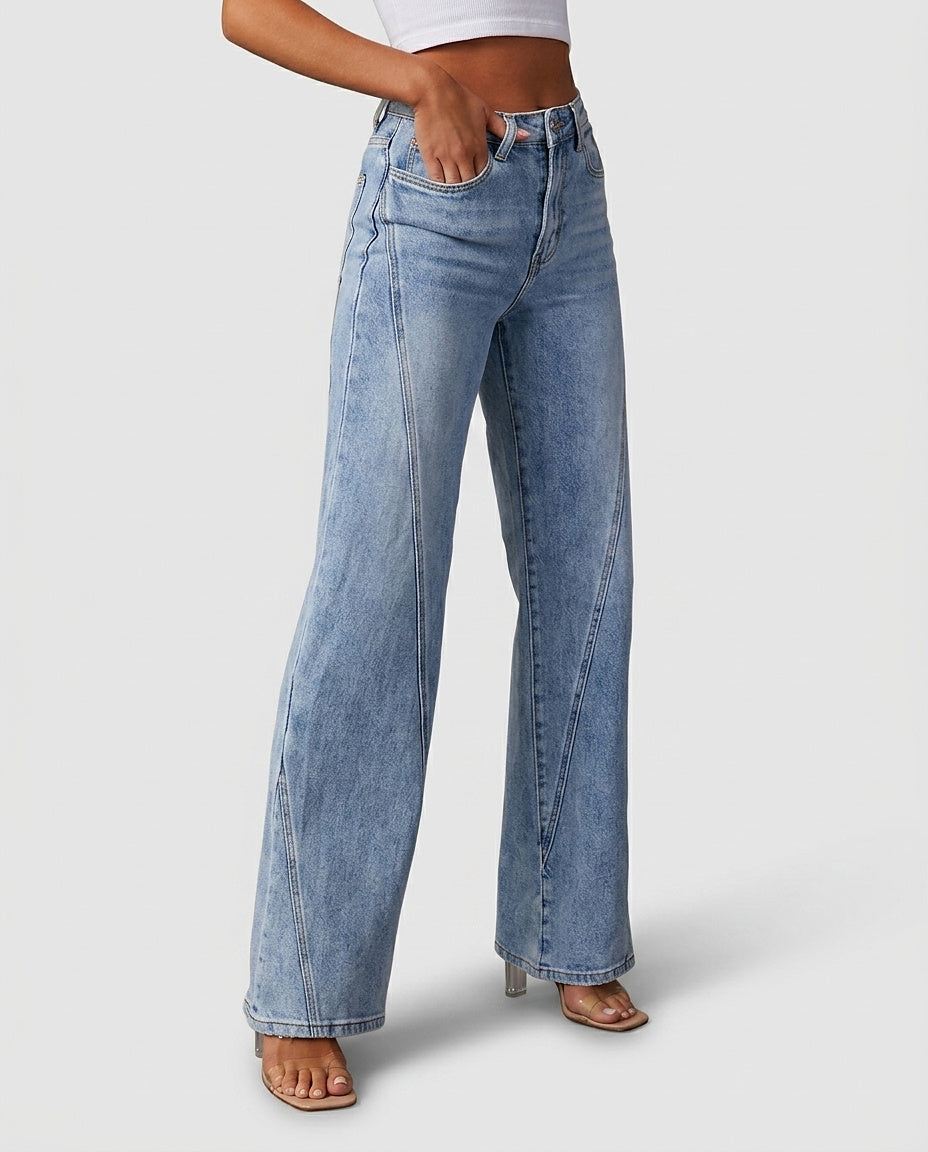 Women’s High-Waisted Jeans with Diagonal Panel Seams - Front [Lystr 6a97f8de3ac28cbfe0df01dc:front]